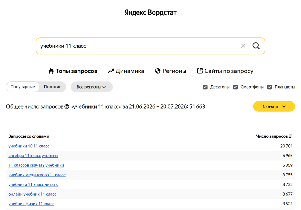Сбор запросов через Яндекс Вордстат